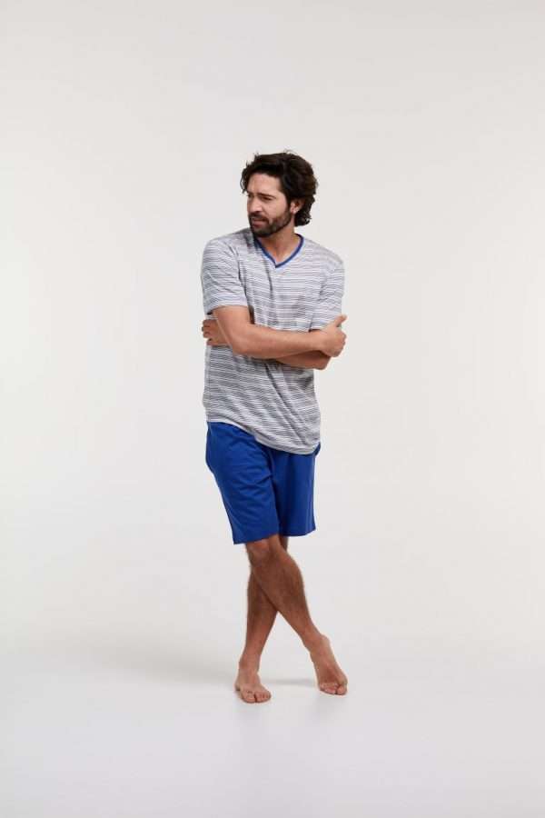Woody Heren pyjama, blauw gebroken wit gestreept